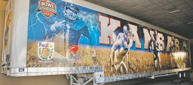This trailer — not owned by KU — hauls football equipment to games and used to have a Maine license plate. 