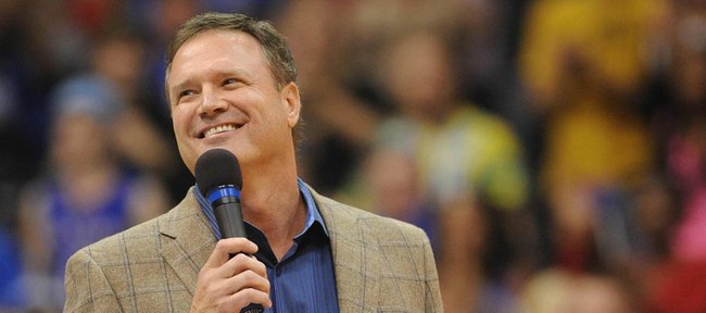 KU coach Bill Self talks to fans at Late Night in the Phog on Friday, Oct. 12, 2012, at Allen Fieldhouse.