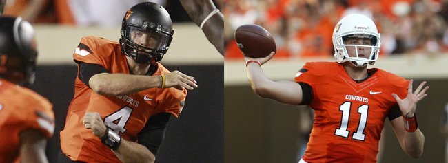 Though talented, Oklahoma State quarterbacks J.W. Walsh (No. 4, left, against Texas on Sept. 29 in Stillwater, Okla.) and Wes Lunt (at right, against Savannah State, Sept. 1 in Stillwater) lack experience, a fact Kansas University hopes to exploit today.