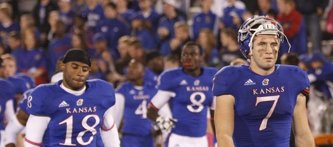 Kansas receiver Kale Pick walks off the field after the Jayhawks came up short on a combeback win over Oklahoma State on Saturday, Oct. 13, 2012 at Memorial Stadium.