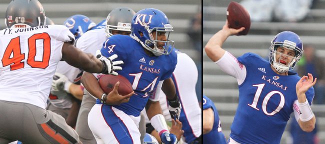 Kansas University quarterbacks Michael Cummings, left, and Dayne Crist will both play on Saturday at Oklahoma, KU coach Charlie Weis announced on Tuesday. "I owe it to my team, and I owe it to all the Kansas supporters to put the best product on the field. I think Michael deserves an opportunity to play," Weis said, though he did not divulge which QB would start against the Sooners.