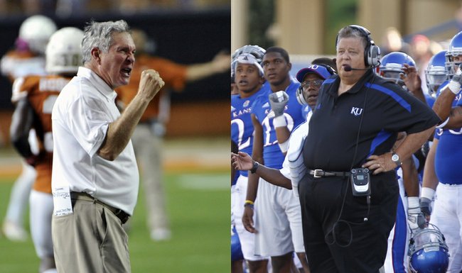 Texas football coach Mack Brown, left, and Kansas coach Charlie Weis say they're both in rebuilding years, though Brown's Longhorns are 5-2 overall, 2-2 in the Big 12, while the Jayhawks are 1-6 and 0-4.
