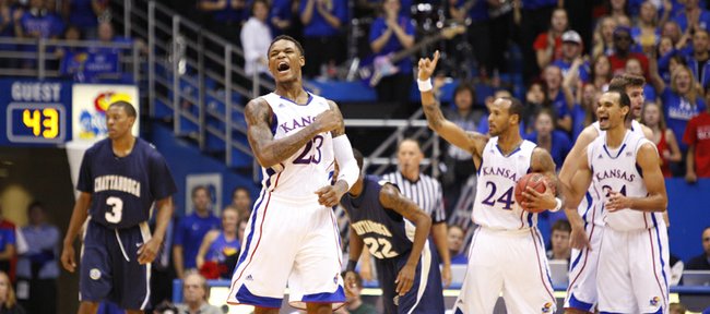Kansas guard Ben McLemore pumps his fist as he celebrates a run by the Jayhawks against Chattanooga during the second half on Thursday, Nov. 15, 2012 at Allen Fieldhouse.