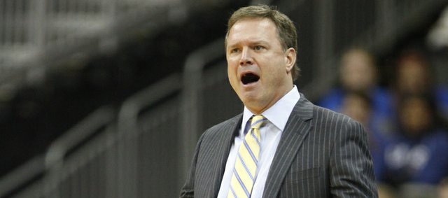 Kansas head coach Bill Self questions an errant pass by the Jayhawks during the first half of the CBE Classic, Monday, Nov. 19, 2012 at the Sprint Center in Kansas City, Missouri.