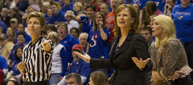 Kansas coach Bonnie Henrickson reacts to an official's call during Kansas' game against Oklahoma State, Saturday, Jan. 26, 2013 at Allen Fieldhouse.