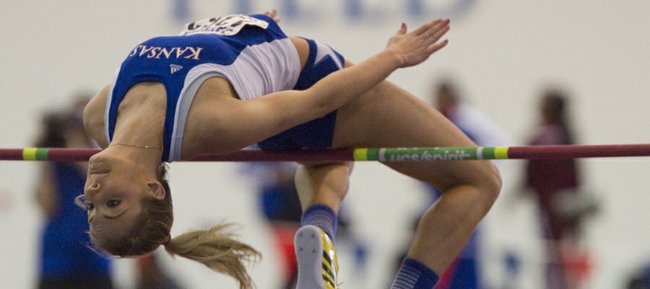 Kansas’ Lindsay Vollmer competes in the high jump portion of the pentathlon during the 2013 Jayhawk Classic indoor track meet on Friday, Jan. 25, 2013, at Anschutz Pavilion. Vollmer posted a career-best finish in the event, setting a school record in the process.
