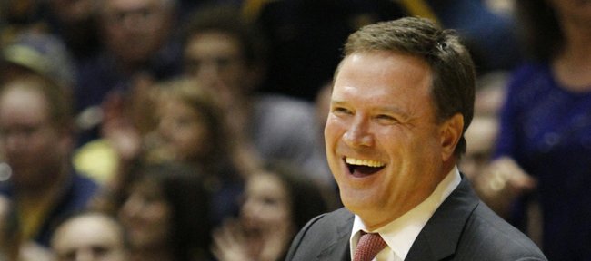 Coach Bill Self laughs at a call in the second-half of the Jayhawks 61-56 win against the Mountaineers Monday night at West Virginia University.