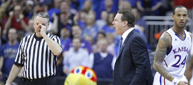 Kansas head coach Bill Self erupts at a game official after Ben McLemore was whistled for a technical during the first half of the semifinal round of the Big 12 tournament on Friday, March 15, 2013 at the Sprint Center in Kansas City, Missouri.
