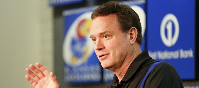 Kansas head coach Bill Self takes questions during a news conference following the NCAA selection show, Sunday, March 17, 2013 at Allen Fieldhouse.