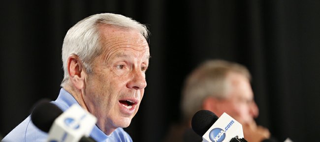 North Carolina head coach Roy Williams talks with media members about the Jayhawks' defense, Saturday, March 23, 2013 at the Sprint Center in Kansas City, Mo.