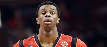 McDonald's East All-American's Andrew Wiggins looks up during the first half of the McDonald's All-American boys basketball game in Chicago, Wednesday, April 3, 2013.