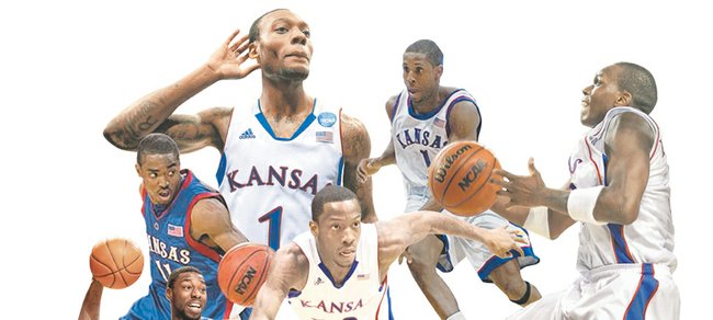 The top points guards in the Bill Self era at Kansas University, as chosen by the Journal-World/KUSports.com staff, are, clockwise from upper left: Naadir Tharpe, Jeff Hawkins, Russell Robinson, Sherron Collins, Elijah Johnson, Aaron MIles and, at center, Tyshawn Taylor.