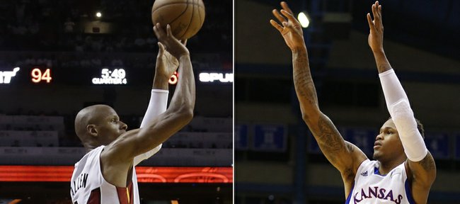Former Kansas University guard Ben McLemore, right, has drawn comparisons to Miami Heat guard Ray Allen, left, but NBA veterans say those comparisons, for now, are unfair to both McLemore and Allen.