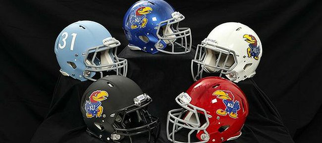The Kansas University football program on Monday unveiled five new looks for the team's helmets, four of which now feature the Jayhawk on the sides. (Photo courtesy of KU Athletics) 