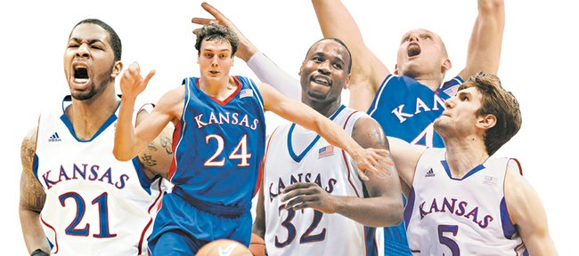 The top centers in the 10-year Bill Self era, as selected by the Journal-World and KUSports.com staffs, are, clockwise from top left: Sasha Kaun, Cole Aldrich, Jeff Withey, Darnell Jackson and Markieff Morris. 