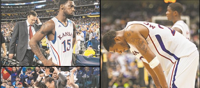 Scenes from some of the worst losses in the Bill Self era (we know it hurts): clockwise from top left, Self and Elijah Johnson (15) after a 2013 NCAA Tournament loss to Michigan; Marcus Morris hanging his head late in a tourney setback to Virginia Commonwealth in 2011; Bucknell players swarming the court after a first-round upset of KU in the 2005 NCAAs; Self unable to watch an unexpected loss at TCU five months ago; Tyshawn Taylor dejected after a regular-season loss at Missouri in 2012; Russell Robinson (3) getting out of the way of celebrating Bradley players after KU’s first-round ouster from the NCAAs in 2006; and Self showing off his vertical in a second-round loss to Northern Iowa in 2010.