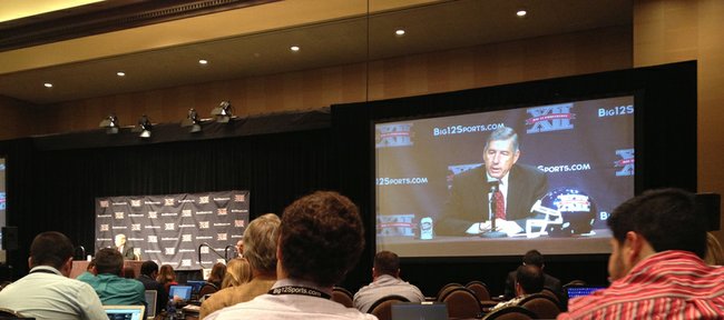 Big 12 commissioner Bob Bowlsby talks to reporters at Big 12 football media days on Monday morning at the Omni Hotel in Dallas.