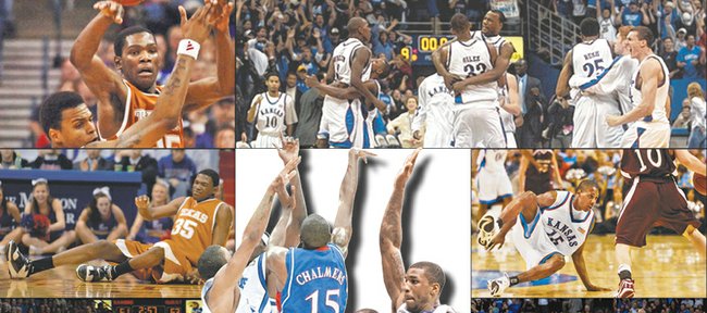 Scenes from some of the top comebacks in the Bill Self era at KU, counter-clockwise from top left: against Kevin Durant and Texas on March 11 (top) and March 3 (when Durant was hurt, below), 2007; versus Georgia Tech on Jan. 1, 2005; an upset ISU fan confronts Self on Feb. 25 of this year, and Ben McLemore (23) banks the tying three on Jan. 9, also against ISU; Thomas Robinson salutes after storming back against Ohio State on March 31, 2012; getting physical against Denis Clemente (21) and K-State on Feb. 14, 2009; Travis Releford lets out a roar against North Carolina on March 24, 2013; Tyshawn Taylor takes flight after a rally past Purdue on March 18, 2012; Mario Chalmers knocked to the deck by Southern Illinois on March 22, 2007; and a whole-team celebration after roaring past Oklahoma on Feb. 4, 2006. At the center are the consensus top comebacks in the Self era: the Mario Chalmers-led rally past Memphis in 2008, left, and Thomas Robinson-keyed comeback over Missouri in 2012.