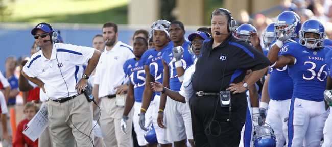 Kansas head coach Charlie Weis and the bench watch a missed field goal attempt by kicker Ron Doherty during the fourth quarter on Saturday, Sept. 8, 2012 at Memorial Stadium.
