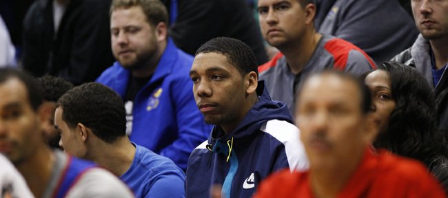 Kansas recruit Jahlil Okafor watches from the stands during an open-practice scrimmage on Saturday, Oct. 19, 2013 at Allen Fieldhouse.