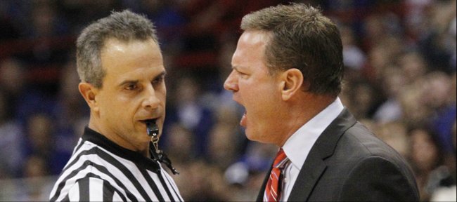 Kansas coach Bill Self yells at a referee during the second half of the Jayhawks' win against Louisiana-Monroe, Friday, November, 8, 2013 at Allen Fieldhouse..