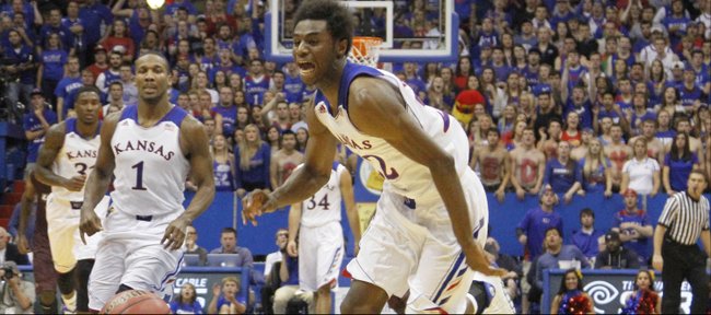 Kansas guard Andrew Wiggins (22) breaks away with a steal for a dunk late in the Jayhawks' 80-63 win against Louisiana Monroe, Friday, November, 8, 2013 at Allen Fieldhouse.