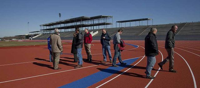The Lawrence Parks and Recreation Advisory Board toured the Rock Chalk Park sports complex in northwest Lawrence on Tuesday. The running surface of the track and field stadium is installed.