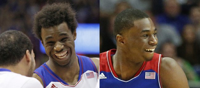 Kansas University guard Andrew Wiggins sought out a big haircut, right, for Tuesday’s big game against Duke in Chicago.