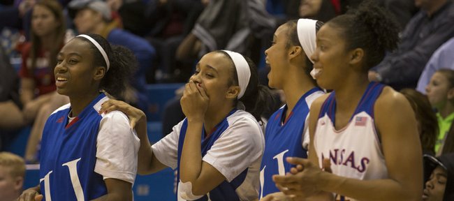 The Kansas bench has some laughs as the second half winds down during their game against Creighton, Sunday at Allen Fieldhouse.