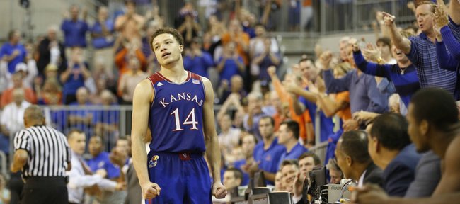 Kansas guard Brannen Greene reacts after losing the ball out-of-bounds late in the game against Florida on Tuesday, Dec. 10, 2013 at O'Connell Center in Gainesville, Florida.