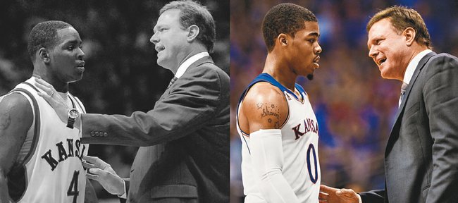 In his time at Kansas, Bill Self has coached up several talented but inconsistent freshman point guards, including Sherron Collins, left, in 2006-07, and Frank Mason, right, this season.