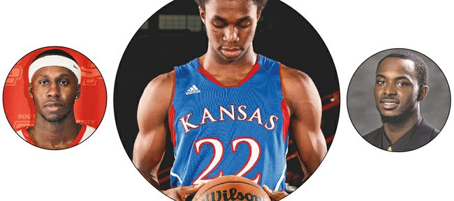 Kansas freshman Andrew, center, is the youngest of three Wiggins brothers who play college basketball. Mitchell Jr., left, is a senior at Southeastern University, and Nick, right, is a senior at Wichita State.