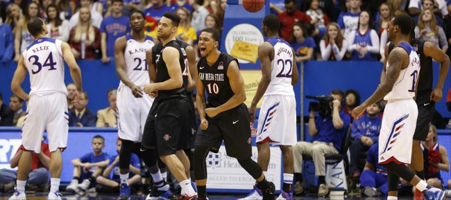 San Diego State players Aqeel Quinn (10) and JJ O'Brien celebrate the Aztecs 61-57 victory over the Jayhawks as time expires on Sunday, Jan. 5, 2013 at Allen Fieldhouse.