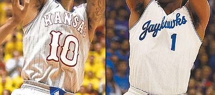 Alternate Kansas University men’s basketball uniforms, worn Monday at Iowa State, left, and Saturday against Kansas State, right, may be here to stay, KU coach Bill Self said on his radio show Tuesday.