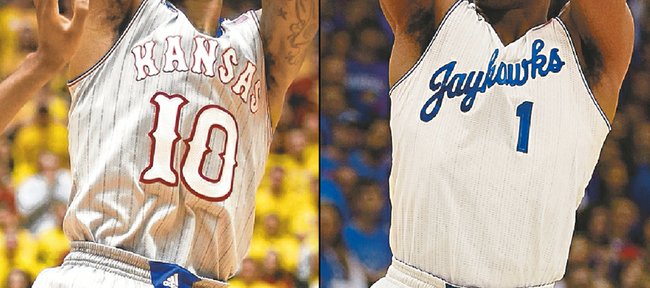 Alternate Kansas University men’s basketball uniforms, worn Monday at Iowa State, left, and Saturday against Kansas State, right, may be here to stay, KU coach Bill Self said on his radio show Tuesday.