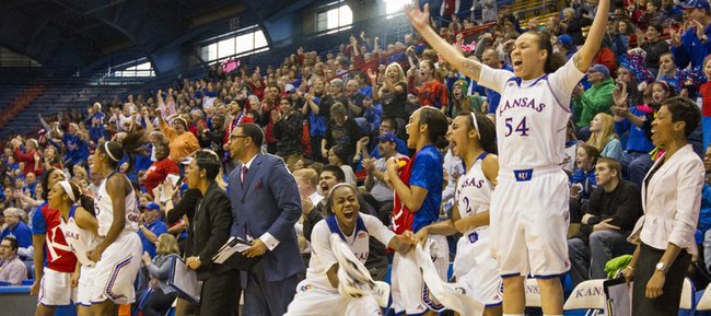The Kansas bench erupts in celebration as the Jayhawks pull ahead of Baylor in the second half of their game, Sunday at Allen Fieldhouse. The Jayhawks beat the no. 7 Baylor Bears, 76-60. 