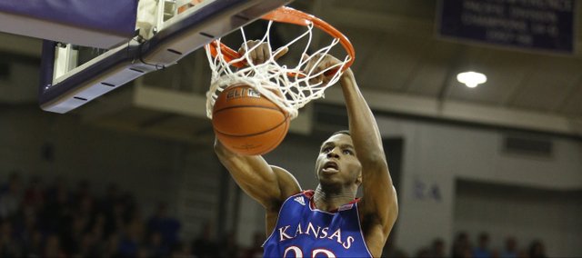 Kansas guard Andrew Wiggins delivers on a lob dunk against TCU during the first half on Saturday, Jan. 25, 2014 at Daniel-Meyer Coliseum in Fort Worth, Texas.