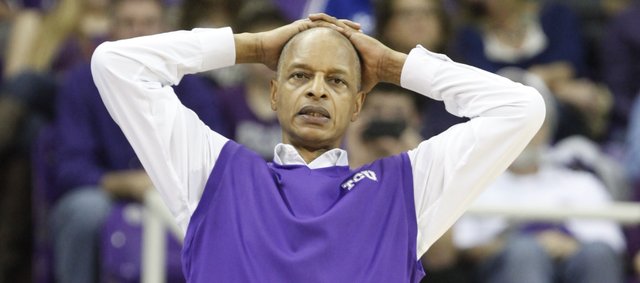 TCU head coach Trent Johnson watches in the final minutes against the Jayhawks on Saturday, Jan. 25, 2014 at Daniel-Meyer Coliseum in Fort Worth, Texas.