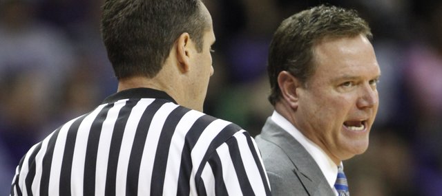 Kansas head coach Bill Self gets at a game official over a call during the second half on Saturday, Jan. 25, 2014 at Daniel-Meyer Coliseum in Fort Worth, Texas.