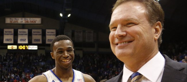Kansas guard Andrew Wiggins smiles with head coach Bill Self as the two wait for an interview with ESPN following the Jayhawks 92-81 win over on Wednesday, Jan. 29, 2014 at Allen Fieldhouse.