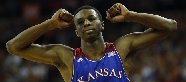Kansas guard Andrew Wiggins reacts after being called for his fifth foul during the second half on Saturday, Feb. 1, 2014 at Erwin Center in Austin, Texas.