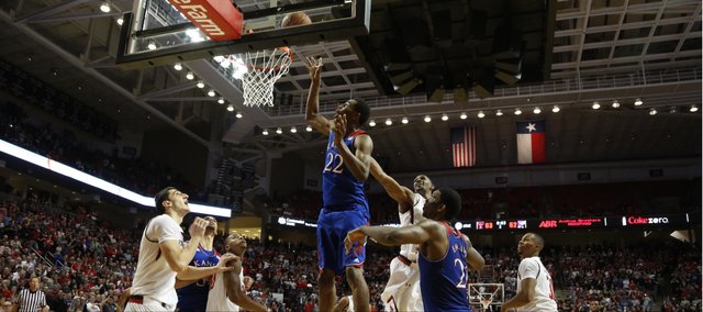 With three seconds left, Kansas guard Andrew Wiggins puts the winning bucket off the glass to defeat Texas Tech 64-63 on Tuesday, Feb. 18, 2014 at United Spirit Arena in Lubbock, Texas.