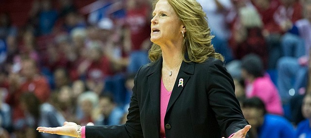 Kansas head coach Bonnie Henrickson is displeased by a call during the annual Jayhawks for a Cure game against Oklahoma, Sunday at Allen Fieldhouse.