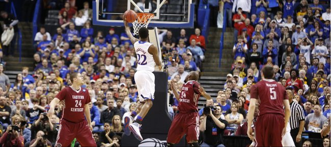 Kansas guard Andrew Wiggins cuts to the bucket for a layup against Eastern Kentucky during the first half on Friday, March 21, 2014 at Scottrade Center in St. Louis.