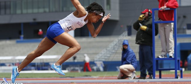 Kansas University heptathlete Mercedes Smith takes off from the block a the start of the 200-meter run during the Kansas Relays on Wednesday, April 16, 2014 at the Rock Chalk Sports Park. 