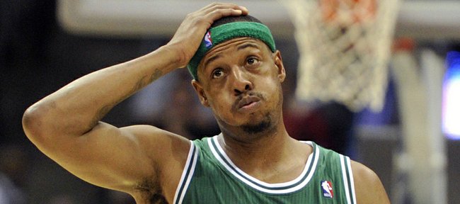 Boston Celtics' Paul Pierce (34) reacts in the finals seconds of the Celtics 96-92 victory over the Milwaukee Bucks, Nov. 10, 2012, in Milwaukee.