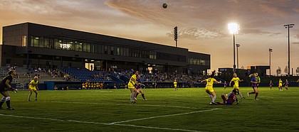 Kansas opened its 2014 soccer season against Wyoming under the lights at its new home at Rock Chalk Park on Friday, Aug. 22, 2014. 