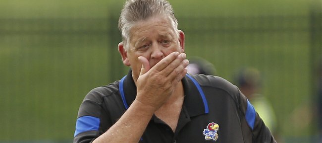 KU's Charlie Weis feels the pressure in the first half, as KU hosted Central Michigan on Saturday September 20, 2014 at Memorial Stadium.