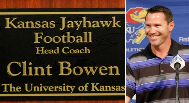 Kansas defensive coordinator Clint Bowen, who took over as interim head coach until a replacement for Charlie Weis is found, holds a press conference Monday morning.