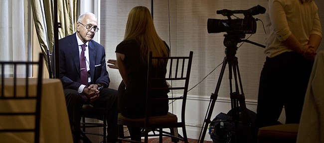SMU coach Larry Brown sits for an an interview during the American Athletic Conference media day Wednesday in New York.